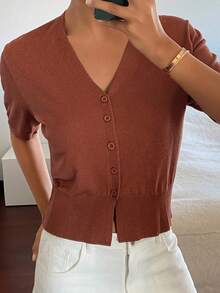 DAZY Women's Loose V-Neck Short Sleeve Casual Vacation Knit Cardigan, Lightweight, Spring/Summer - Coffee Brown - View 4