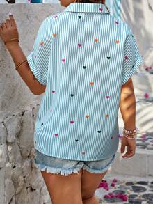 Calvaya Áo kiểu tay cánh dơi dáng rộng, cỡ lớn, cài cúc trước, họa tiết trái tim, thích hợp cho dịp Valentine. - Nhiều màu - Xem 2