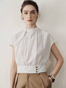 Aalyst 女士春夏休闲装，优雅时尚亚麻扭领收腰短袖衬衫，白色 - 白色 - 查看 5