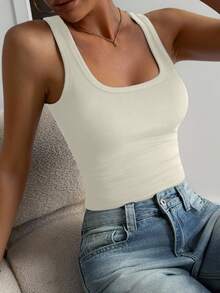 DAZY 女士纯色保暖修身吊带背心，秋冬季 - 白色 - 查看 3