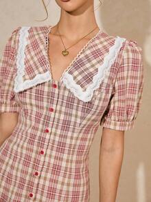 Poéselle 女士格子印花荷叶领休闲短袖迷你连衣裙 - 紅色 - 查看 4