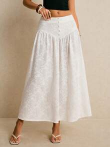 Poéselle 法式针织提花半身裙，白色蕾丝长裙，高腰飘逸波西米亚风半身裙，纽扣细节设计，优雅夏季 - 白色 - 查看 4
