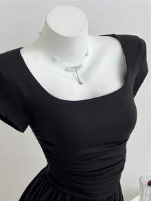 Elamini Women's Square Neck Casual Minimalist Romper, Spring/Summer - Black - View 5