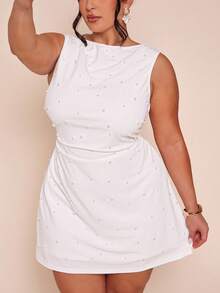 SHEIN BAE 大码女式无袖V领腰部褶皱串珠后背拉链连衣裙，春夏款 - 白色 - 查看 7