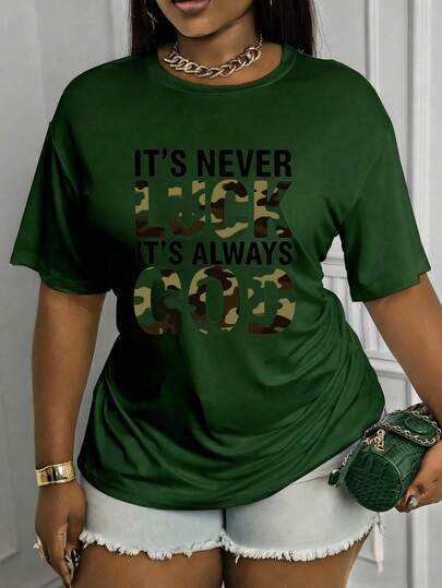 Maweii Plus Size Women's Casual T-Shirt - "It's Never Luck It's Always God" Camouflage Print White Short Sleeve Top, Round Neck, Machine Washable, All-Season Comfort, Motivational Apparel, Easy Care Clothing