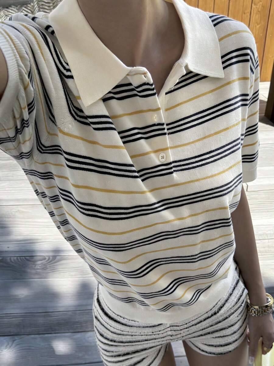 Livesso Women's Casual Striped Button-Up Knit Top - Beige - View 1