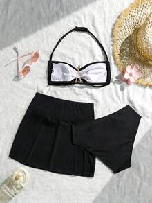 SHEIN 少女三件套泳衣，挂脖抹胸款式，防滑设计，黑色海星装饰。罗纹三角比基尼泳裤搭配可外穿的裙式罩衫。高弹亲肤，是夏季海滩度假和泳池派对的必备泳装。 - 黑色 - 查看 4