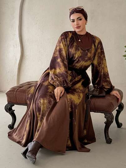 Dazy Plus Floral Print Patchwork Chiffon Loose Fit Batwing Sleeve Belted Dress, Plus Size Women Elegant