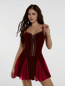 SHEIN ICON Y2k 女士酒红色派对哥特性感网纱拼接交叉绑带迷你吊带连衣裙，适合度假、生日、婚礼、情人节等场合，夏季约会之夜 - 酒紅色 - 查看 9