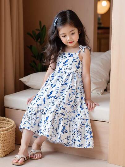 Playful Pals Genkimix Girls Floral Print Elegant Fashionable Comfortable Bow Decor Spaghetti Strap Mid-Calf Dress
