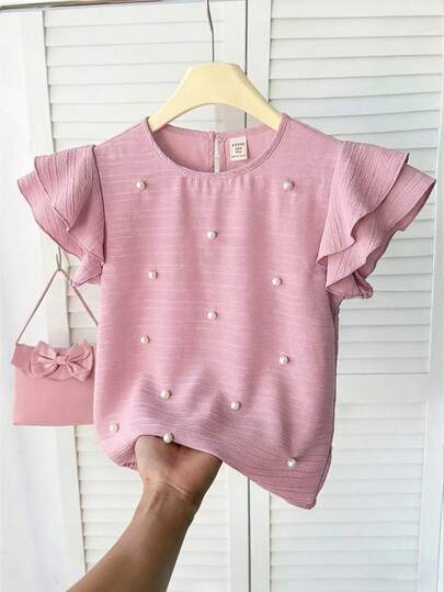SHEIN Tween Girls' Spring/Summer Casual Beaded Elegant Ruffle Trim Woven Textured Round Neck Blouse, Pink