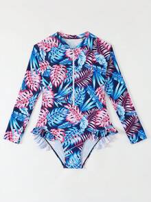 SHEIN 2025新款少女连体泳衣,休闲树叶印花,时尚可爱,优雅精致,适合夏季游泳和度假 - 彩色 - 查看 5