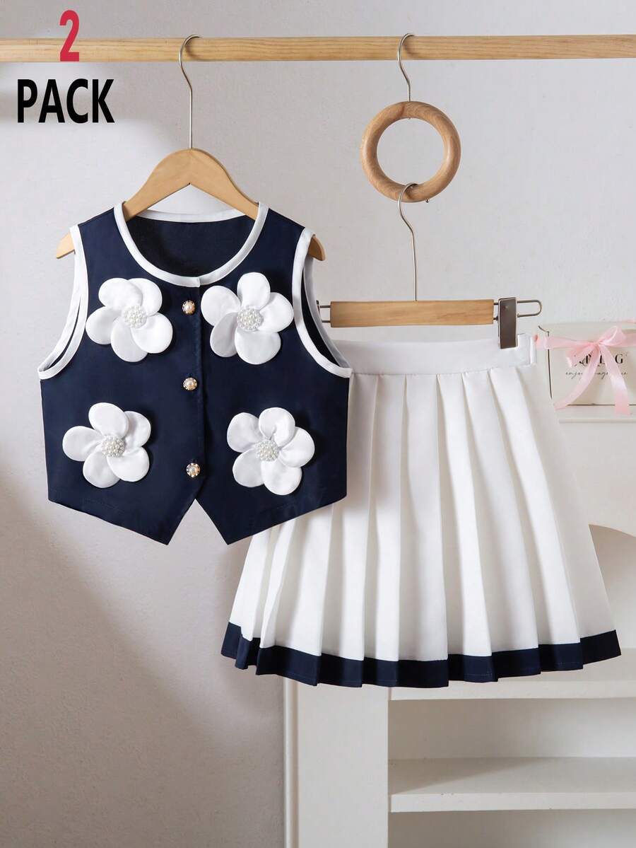 SHEIN Girls' Sleeveless Bow Tie Cardigan Top And Pleated Skirt Elegant Summer Set - Multicolor - View 1