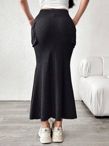 Aidyla Women's Solid Color Simple Daily Wear Drawstring Waist Skirt Maxi - Dark Grey - View 4