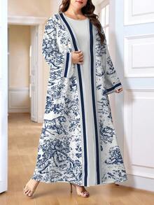 SHEIN Najma 女士经典黑色花卉条纹印花长袖休闲阿拉伯长袍开衫外套，春秋季 - 彩色 - 查看 4