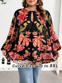 SHEIN CURVE+ Plus Size Vacation Women's Long Sleeved Round Neck Tied Pattern Top, Tropical Pattern Pattern Shirt/2026 /New Year - Multicolor - View 9