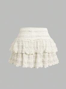 SHEIN Apricot Textured Knit Casual Vacation Double Ruffle Hem Skater Skirt For Teen Girls, Ruffle Skirt, Cute Skirt - Apricot - View 2