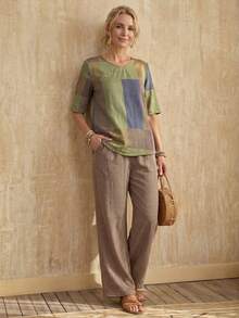 Faunlyn 2pcs/Set Women Summer Contrast Color Button Design Round Neck Sleeveless Top And Shorts Casual Outfit - Khaki - View 3