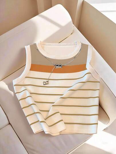 Resyla New Round Neck Button Casual Colorblock Striped Tank Top