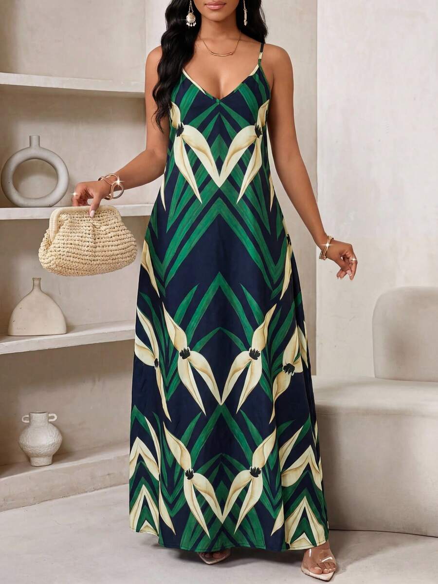 SHEIN Lady Women's Casual Vacation Plant Print Dress - Multicolor - View 1