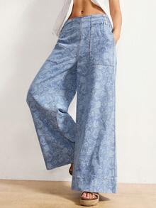 Bohemela Women's Low-Rise, Loose-Fitting, Patterned, Versatile, Casual, Drawstring Waist, Slim-Fit Straight Leg Jeans, Light Blue, Bohemian Style, Casual Vacation, Summer Outfit, Spring Break Outfit, Beach Vacation Wear. - Multicolor - View 1