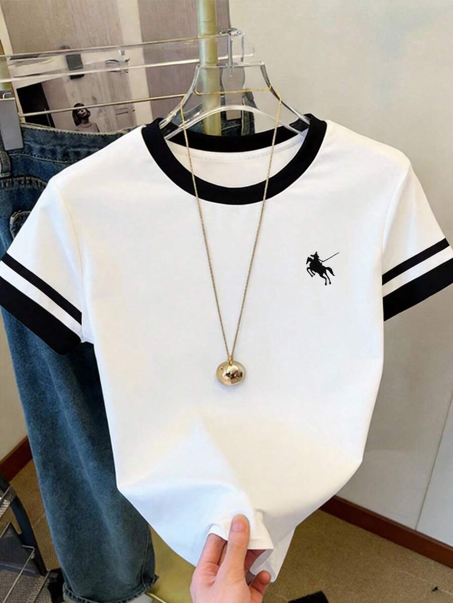 少女撞色短款T恤，饰有小马图案，休闲时尚，适合日常穿着。 - 黑與白 - 查看 1