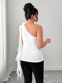 Elenzga Women's New Knitted Elastic Oblique Shoulder Collar Fitted Top With White 3D Floral Decor, Asymmetrical Ruffle Trim, Elegant French Minimalist Style For Commuting Women Elegant Outfits Women's White Top - White - View 2