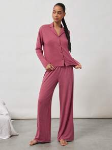 Ocili Bộ đồ ngủ in hoa mềm mại có cổ, gồm áo dài tay và quần dài dành cho nữ. - Đỏ - Xem 4