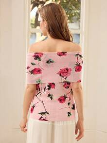 MOTF PREMIUM ELEGANT ROSE PRINT FOLDOVER OFF SHOULDER FITTED T-SHIRT - Pink - View 3