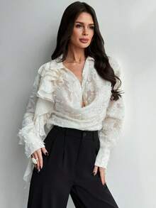 Firerie Spring/Summer New Elegant Refined Romantic Commuter Valentine's Day Date Fashion Lapel Deep Draped Neck Flounced Long Sleeve 3D Textured Fabric Tailored Women's Elegant Commuter White Blouse - Apricot - View 3