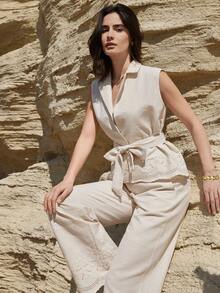 Dazy-Less 春夏优雅无袖外套上衣搭配直筒裤套装，休闲通勤装，复古富贵风格女装 - 白色 - 查看 6