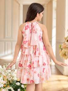 Tween Girl Loose Elegant Halter Neck Sleeveless Ruffle Floral Print Chiffon Midi Dress Elegant  Wedding Outfits - Pink - View 2