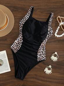 Shapewave Women's Cute Leopard Print Color Block One Piece Swimsuit,Black Tummy Control Slim Fit Body Shaping Swimwear For Summer Holiday Beach Party - Black - View 4