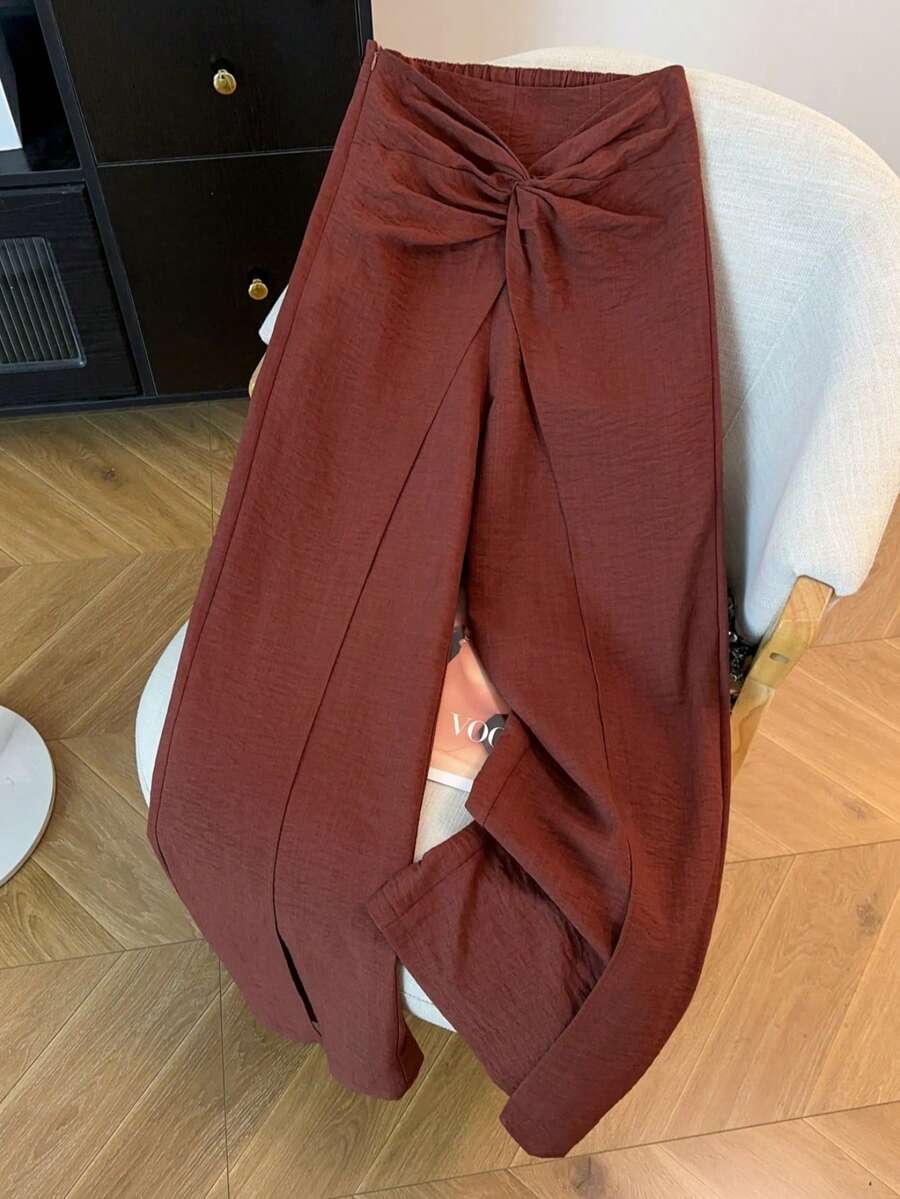 Franclia 女士纯色扭结休闲日常裤 - 棕色 - 查看 1