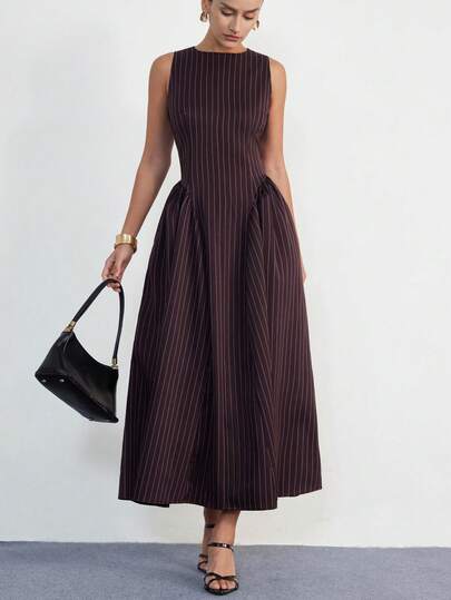 Aveloria Modichic Women's Red Base White Striped Round Neck Waist Cinched Sleeveless Princess Dress With Ripped Hem And Ruched Flared Skirt, Minimalist Commute Elegant Style, Suitable For Work, Evening Party, Daily Wear, Dating, Shopping Midi Dress Pinstripe Dress Sleeveless Dress Brown Dress Ankle Length Dress