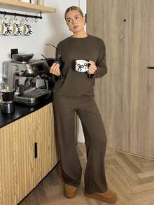 Bethéva 2 件套女士纯色圆领落肩长袖休闲针织纹理套装 - 棕色 - 查看 6