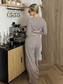 Bethéva 女式条纹简约长袖上衣和系带阔腿裤休闲两件套服装 - 彩色 - 查看 2