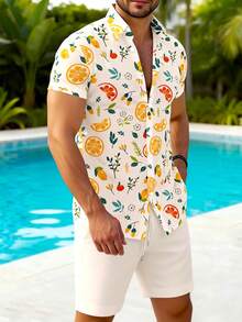 Manfinity RSRT 男士夏季休闲度假风全印花短袖衬衫和短裤套装 - 彩色 - 查看 6