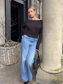 Bethéva 女士秋冬不对称肩部长袖紧身罗纹棕色毛衣 - 黑色 - 查看 4