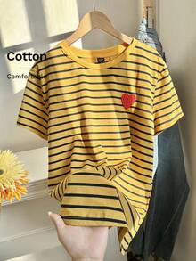 SHEIN EZwear Kaos Wanita Ukuran Besar Motif Hati & Garis-garis Leher Bulat Lengan Pendek, Untuk Musim Panas - Jahe - View 6