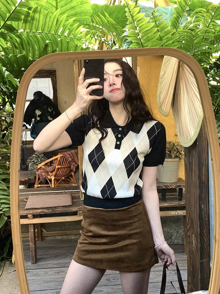 Women's Collared Diamond Pattern Knit Top, Korean Style Summer Boho