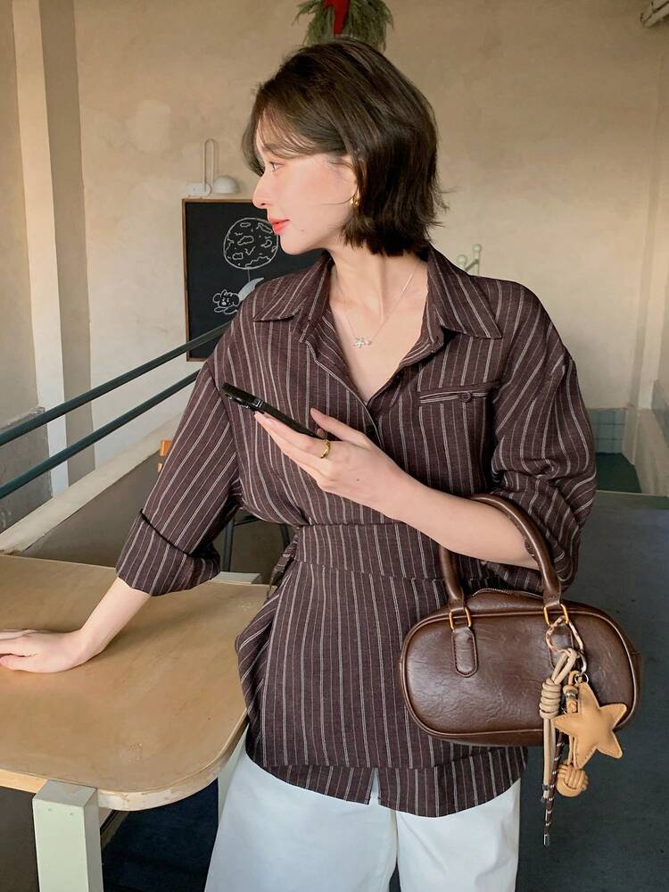 Women's Striped Korean Style Long Sleeve Tie Front Blouse