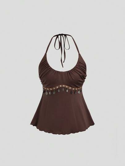 SHEIN Sweetro Women's Halloween, Thanksgiving, Beach, New Year, Suitable For Party, Commute, Daily, Travel, Vacation. Brown Top With Vintage , Tassel Decor, A-Line, Spaghetti Strap, Spaghetti Strap Halter Top