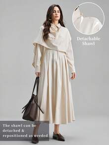 Ontre Đầm sơ mi dài tay thanh lịch màu trơn dành cho nữ, thiết kế bất đối xứng. - Màu be - Xem 2