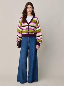 Nöista Cropped Button-Up Cardigan With Wide Horizontal Stripes. And Versatile For Spring, Spring Styling And Summer Casual Looks. - Red - View 7