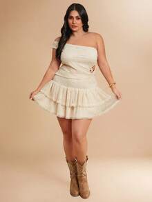 SHEIN BAE Plus Size Fitted One-Shoulder Top & Short Pleated Skirt 2 Pieces Set,Summer,Beige,Boho,Vacation,Sleeveless Crop Top With Waist Buckle,Minimalist Style - Apricot - View 9