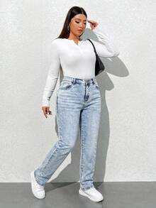 SHEIN ICON Quần jean denim dáng rộng, cổ điển, có túi, dành cho nữ, cỡ lớn. - Rửa nhẹ - Xem 4