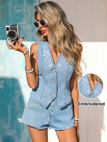 Vivid Eden Women's Casual Floral Embroidered Button Front Denim Blouse, Summer - Light Wash - View 2