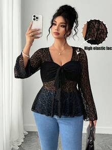 Elenzga 女士加大码心形领喇叭袖提花蕾丝效果T恤 - 黑色 - 查看 8