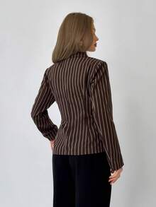Aloruh Women's Striped Notched Collar Casual Versatile Commuting Office Long Sleeve Blazer - Brown - View 2